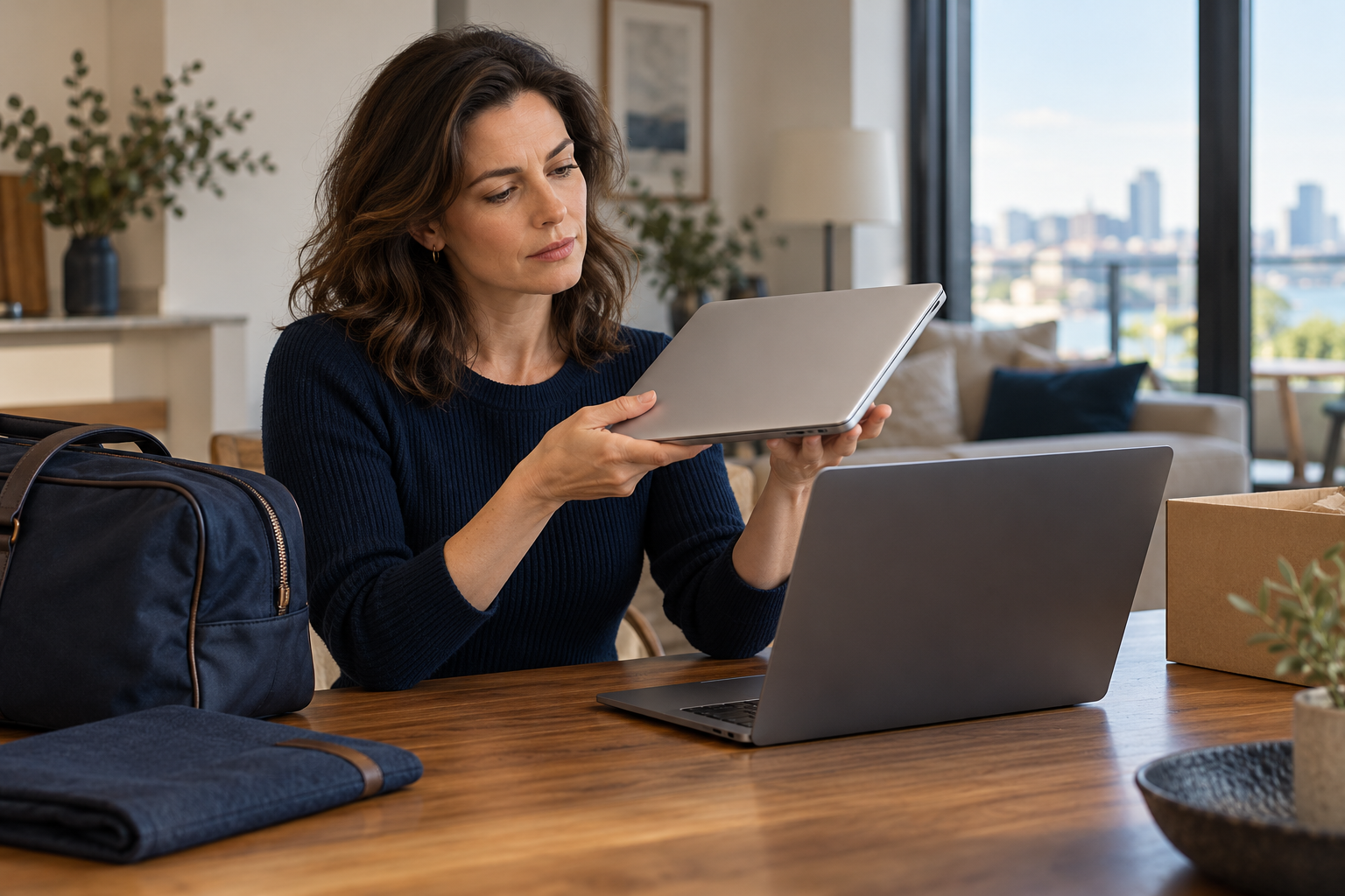 A customer examines a closed travel laptop beside an open laptop, an overnight bag and a delivery box.