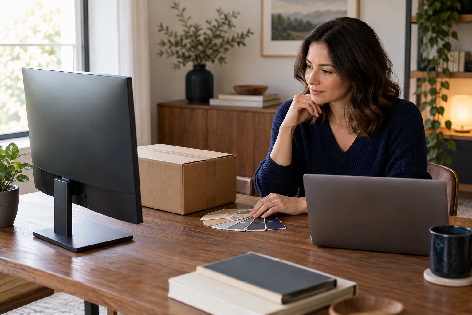 A professional compares a compact monitor and its carton with a laptop at a home-office desk.
