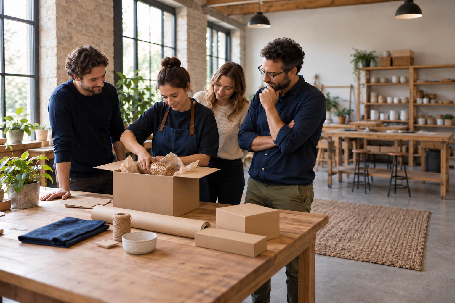 A small merchant team observes an order being packed at a workshop table.