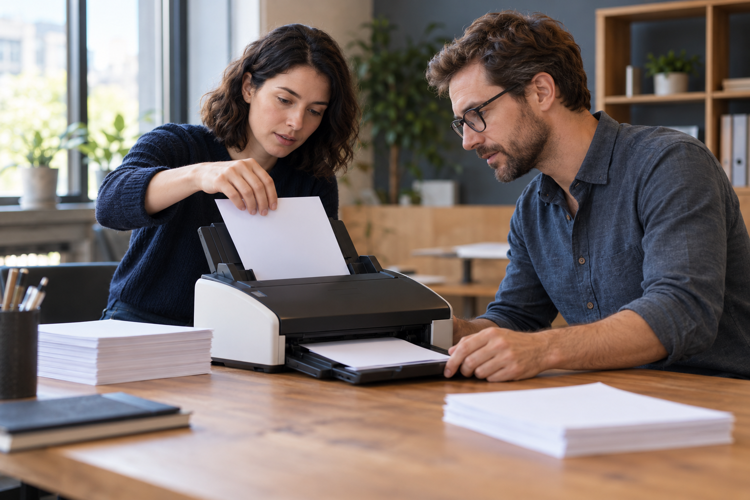 Two colleagues test a document scanner with blank paper in an office.