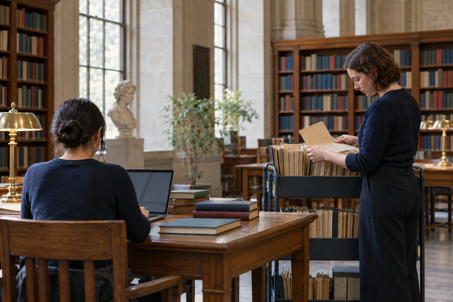 Two library colleagues examine archive folders and a laptop beside an archive trolley.