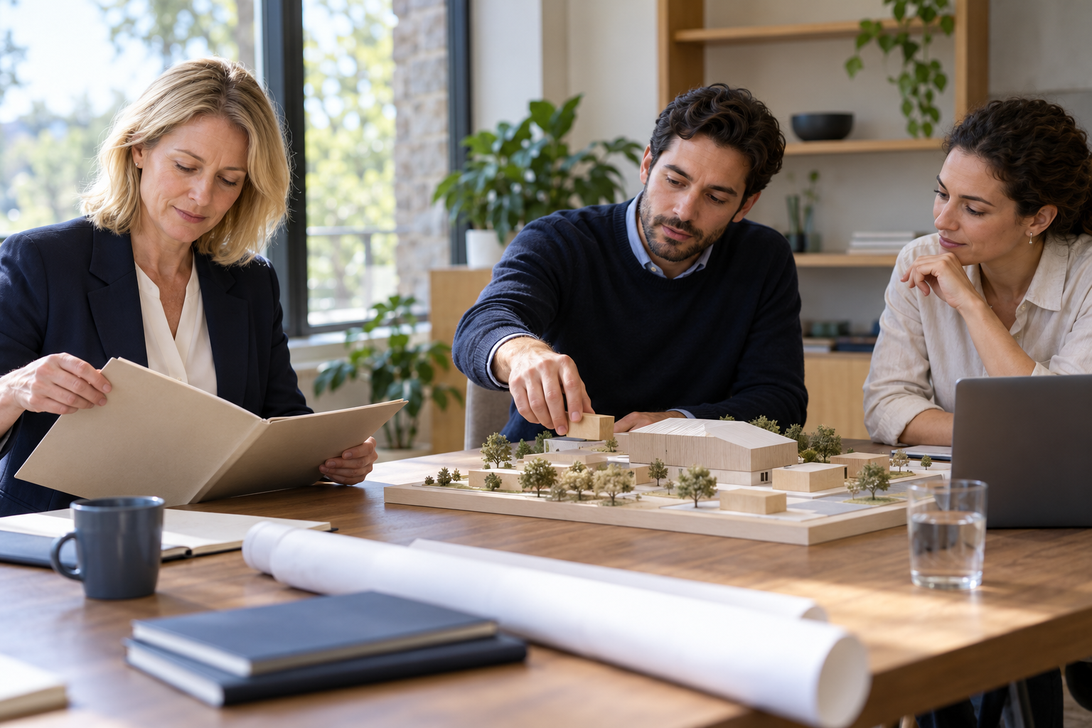A programme lead reopens a folder while colleagues review a physical site model.