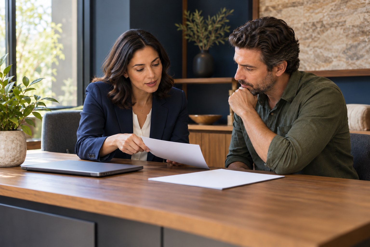 A service adviser explains a paper record to a customer beside a closed laptop.
