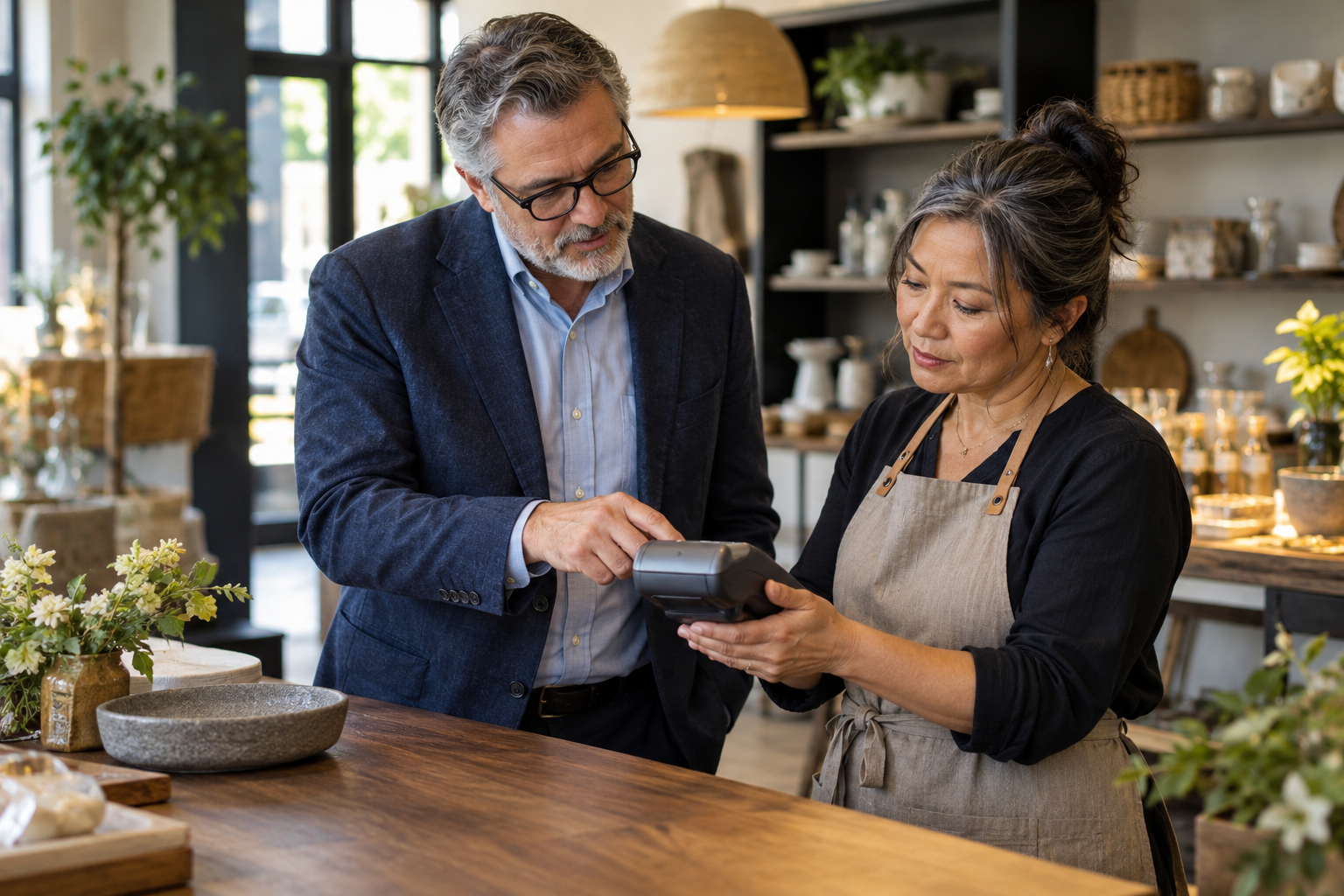 A merchant and adviser examine a payment terminal at a shop counter.