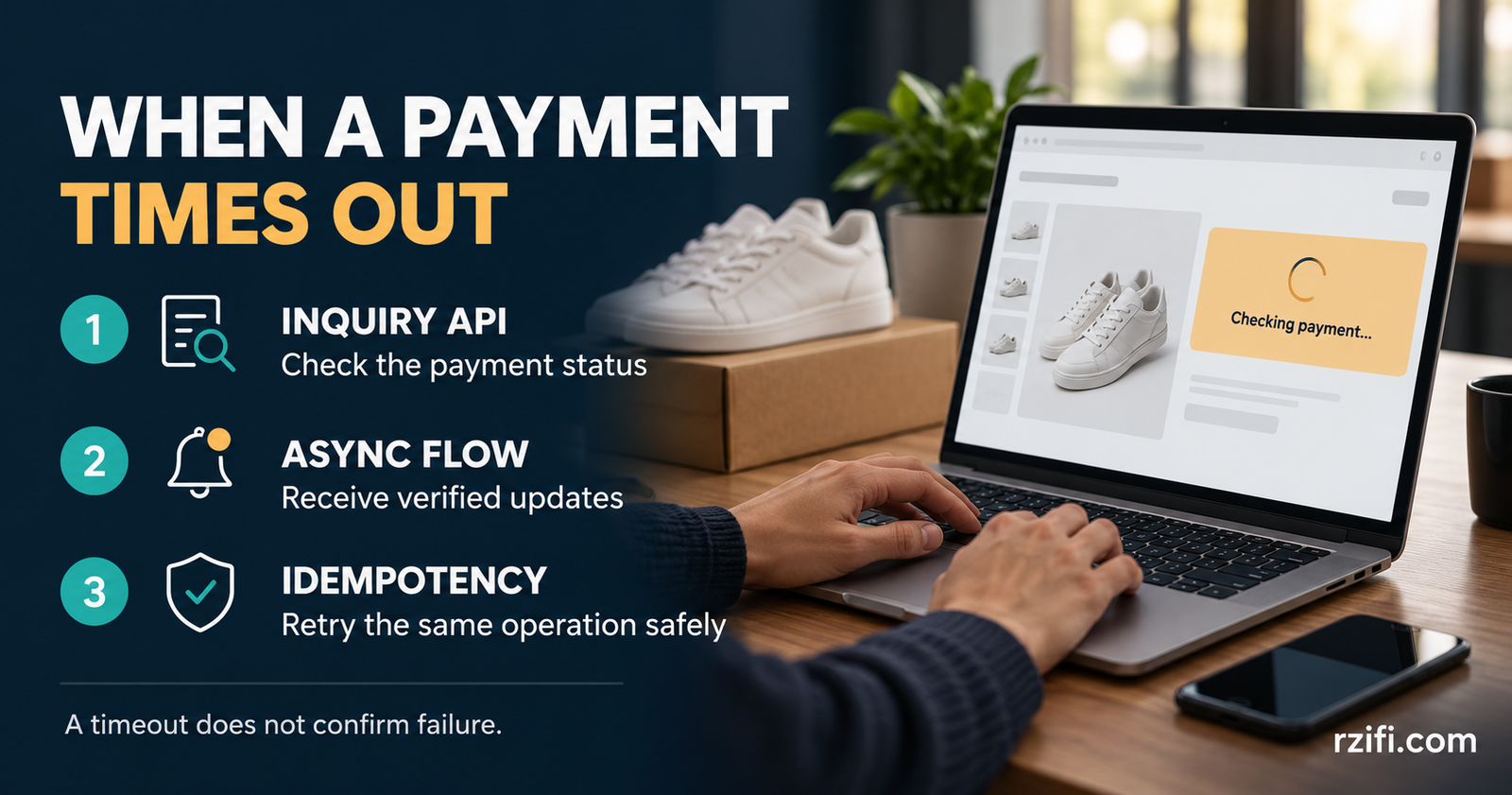 Three controls for an uncertain payment: Inquiry API checks status, async flow receives verified updates, and idempotency makes retries of the same operation safer. A laptop shows Checking payment.