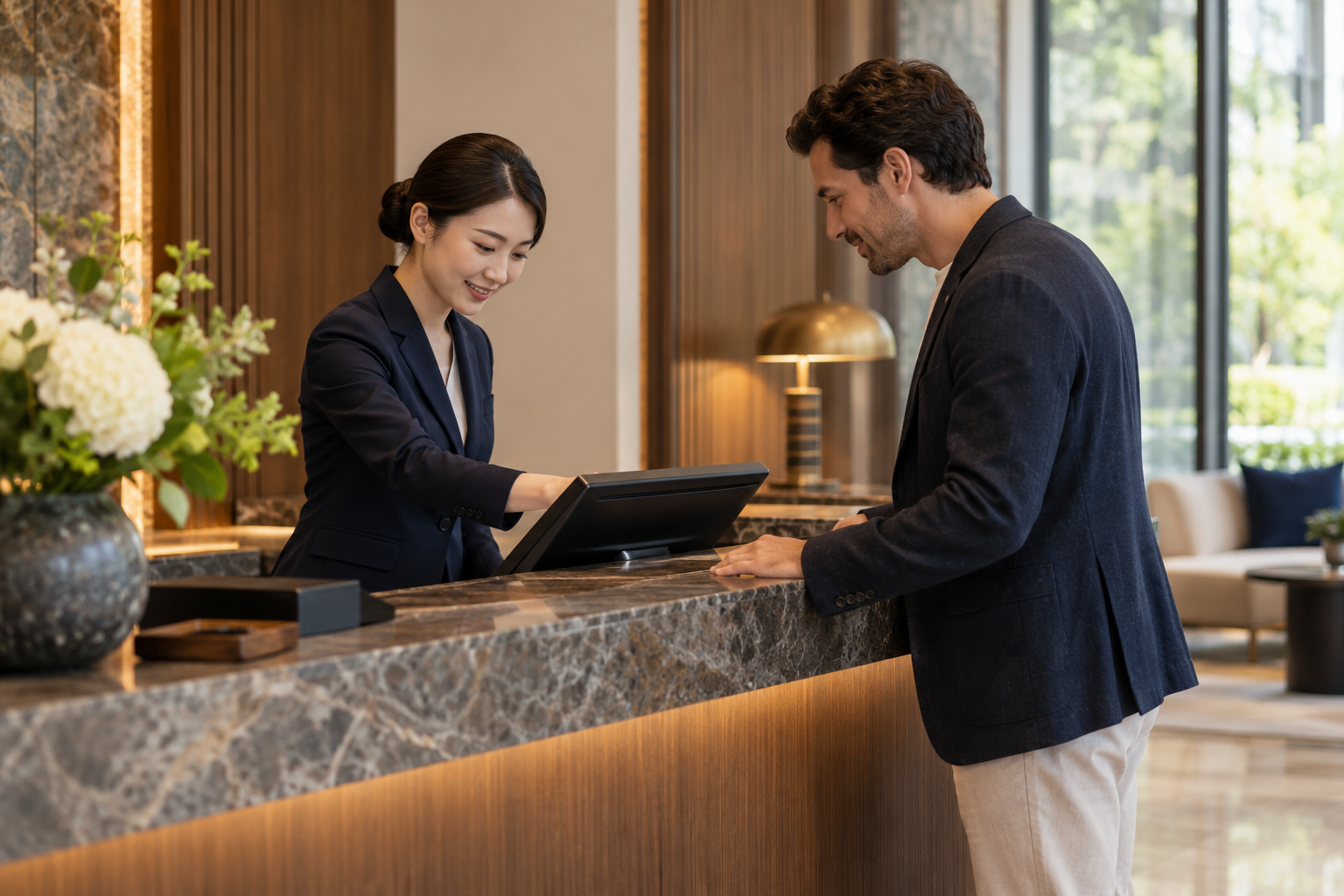 A reception colleague assists a visitor beside a payment terminal at a service counter.