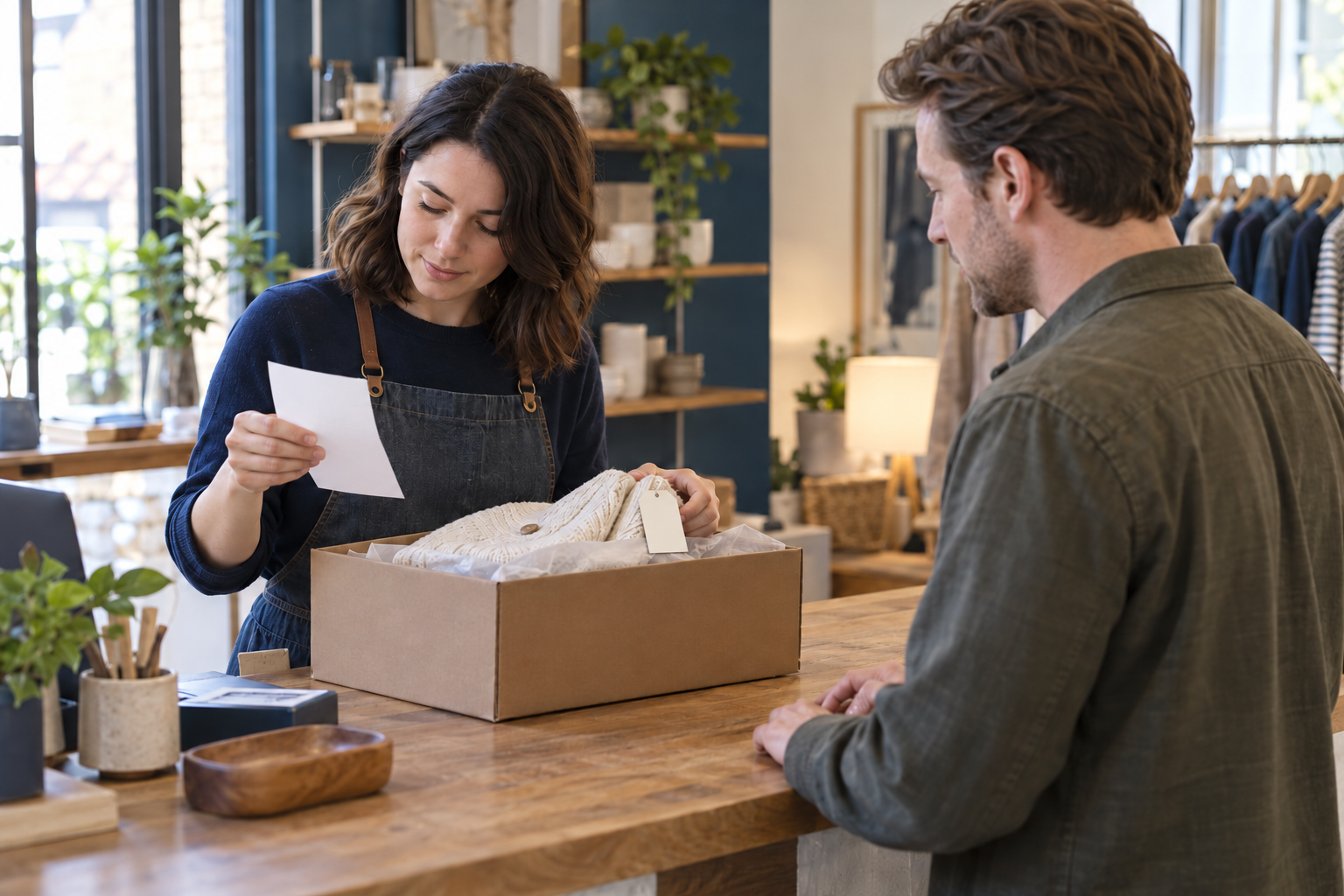 A shop colleague examines a return document beside a customer's parcel.