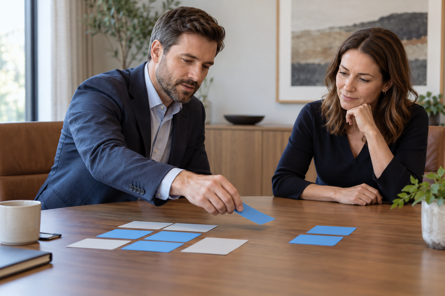 A product manager moves a blue planning card while a colleague studies the groups on the table.
