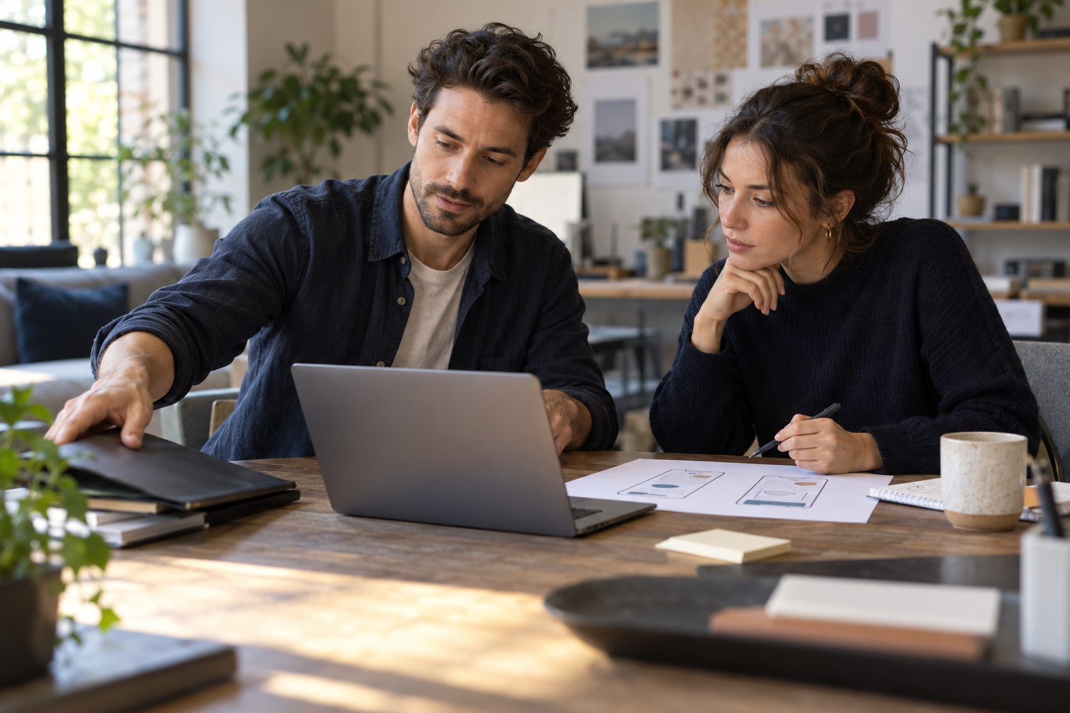 A product manager sets an unrelated folder aside while a designer examines two appointment-service prototypes.