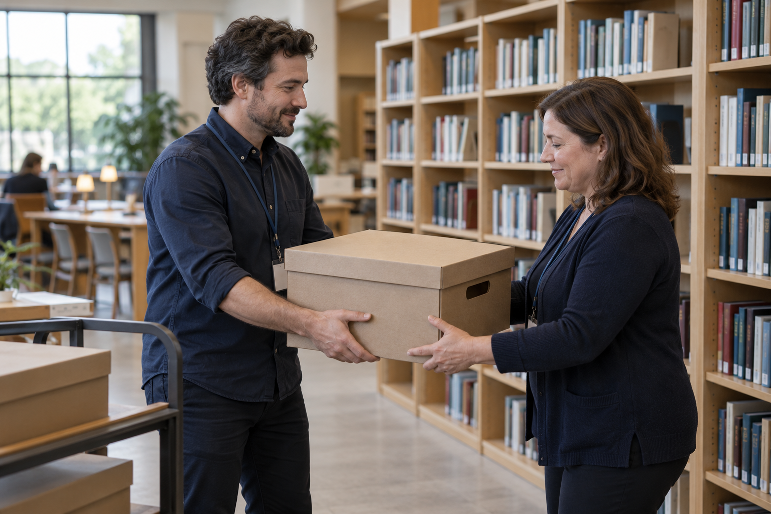 A programme lead transfers an archive box to a library operations manager.