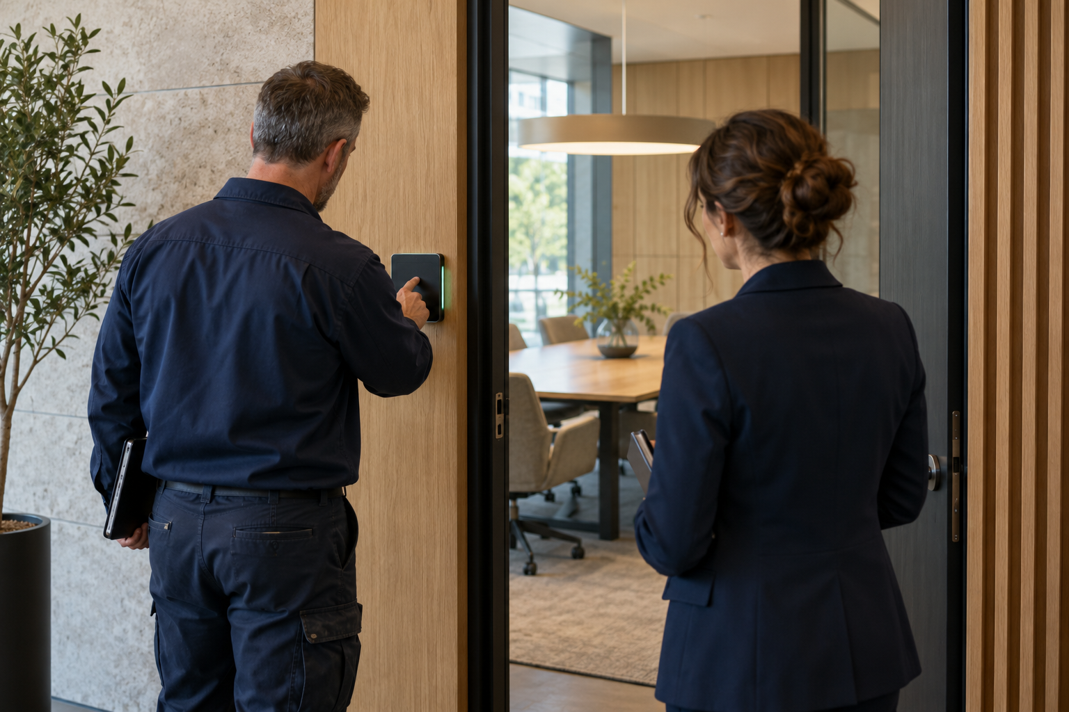Two colleagues test a room entry terminal beside a campus meeting-room door.