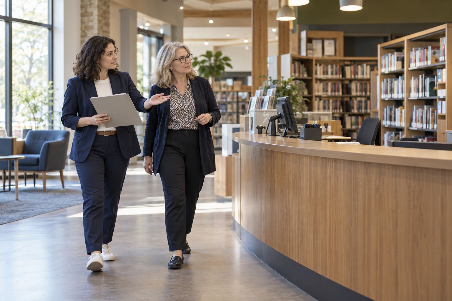 Two library colleagues walk past a service counter with a document folder.