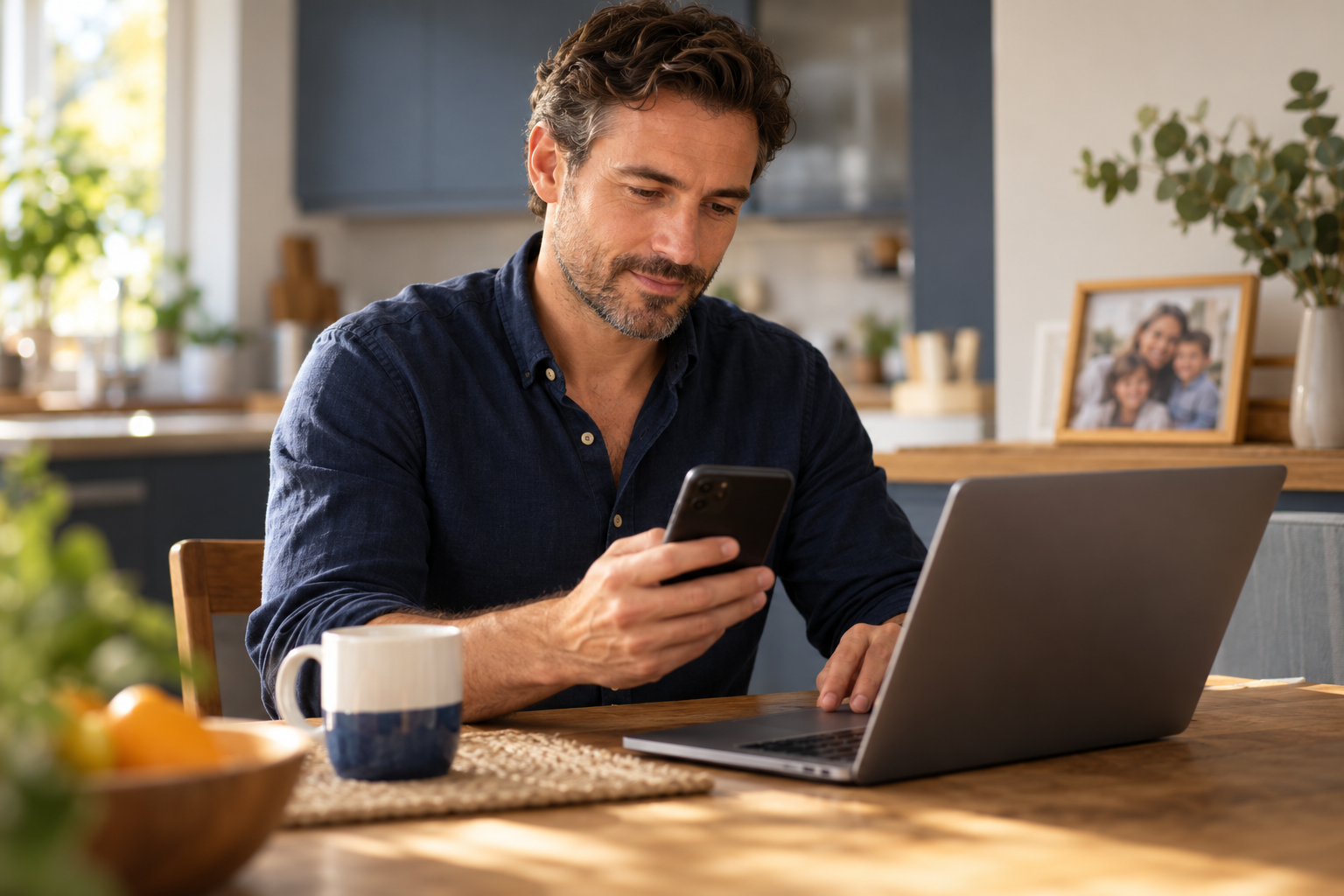 A sender compares a phone and laptop at a kitchen table, with a family photograph nearby.