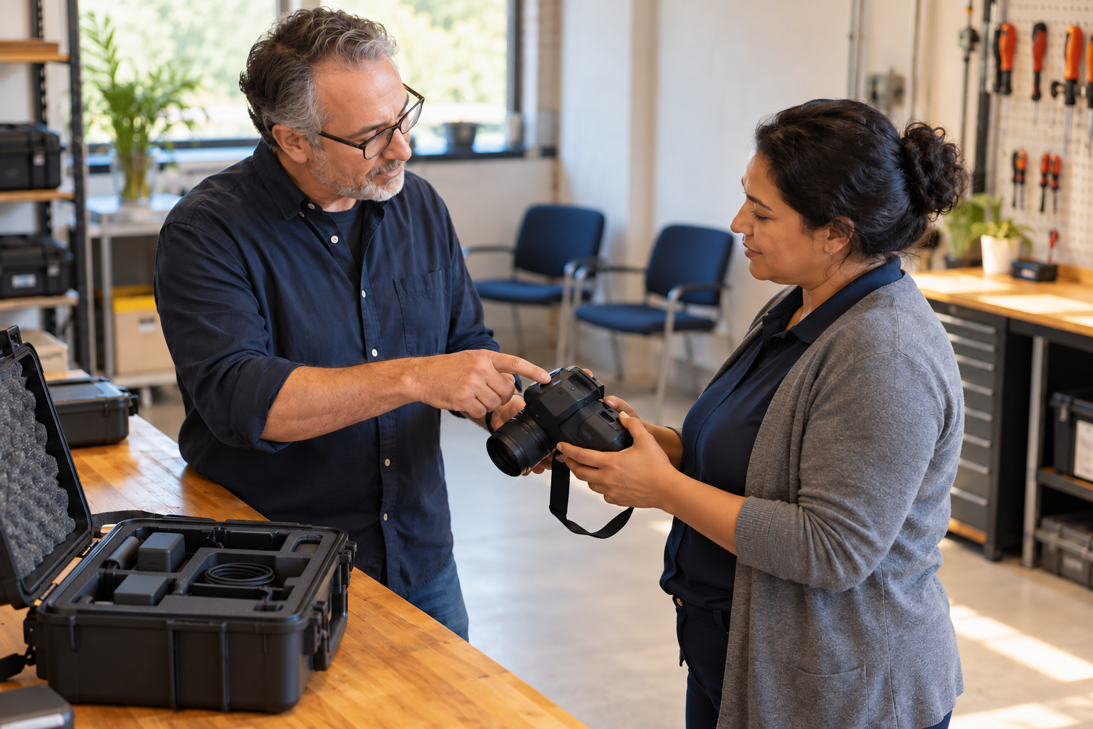 Two colleagues practise an equipment handover beside an open camera case.